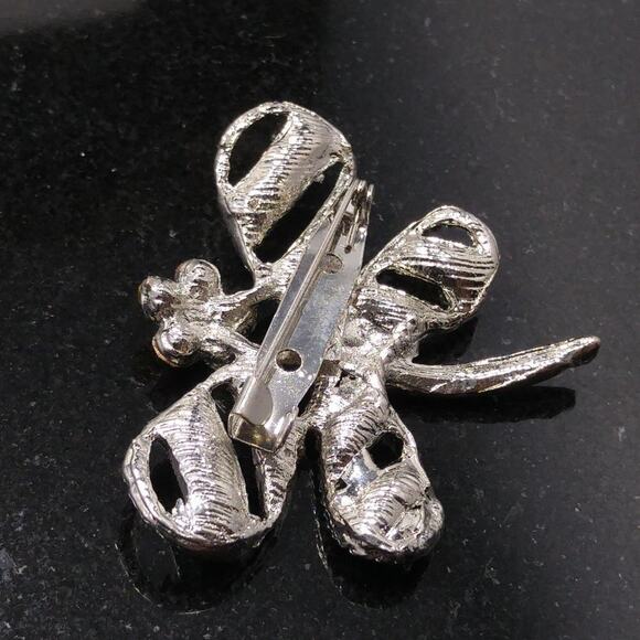 Dragonfly & Flower Brooch, Multicolored Rhinestones, Silver Tone, 1 3/4 Inches - Picture 7 of 9